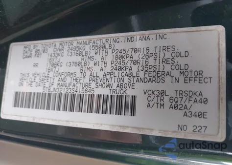 2003 Toyota Tundra from USA, damaged, VIN 5TBJN32123S415845